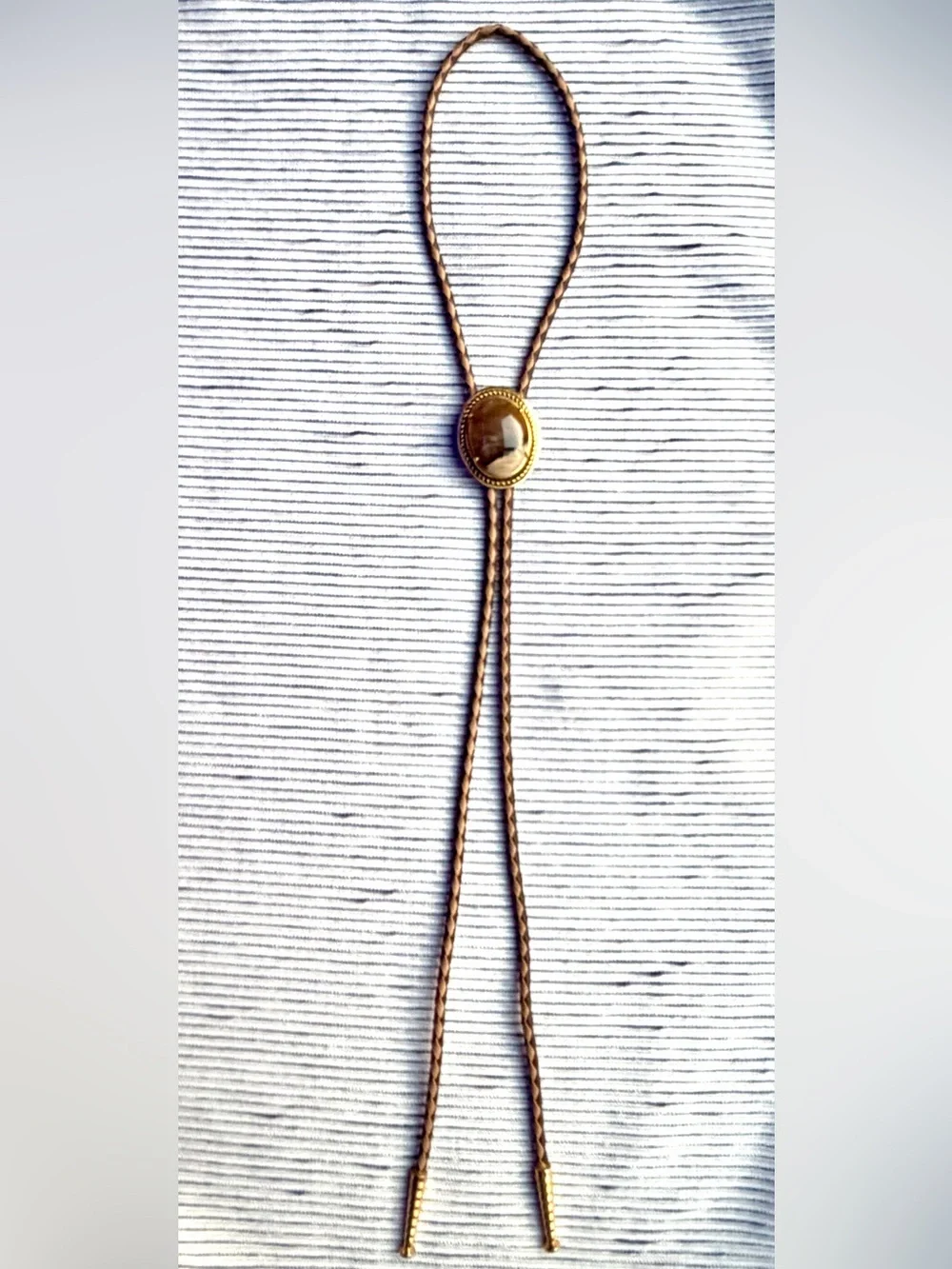 Vintage Brown Stone Bolo Tie- Western Braided Leather Gold Tone- Southwest